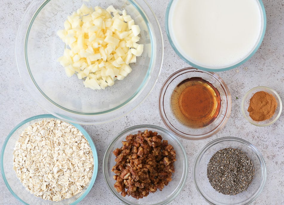 apple pie overnight oats overhead shot of ingredients used for making vegan apple pie oats