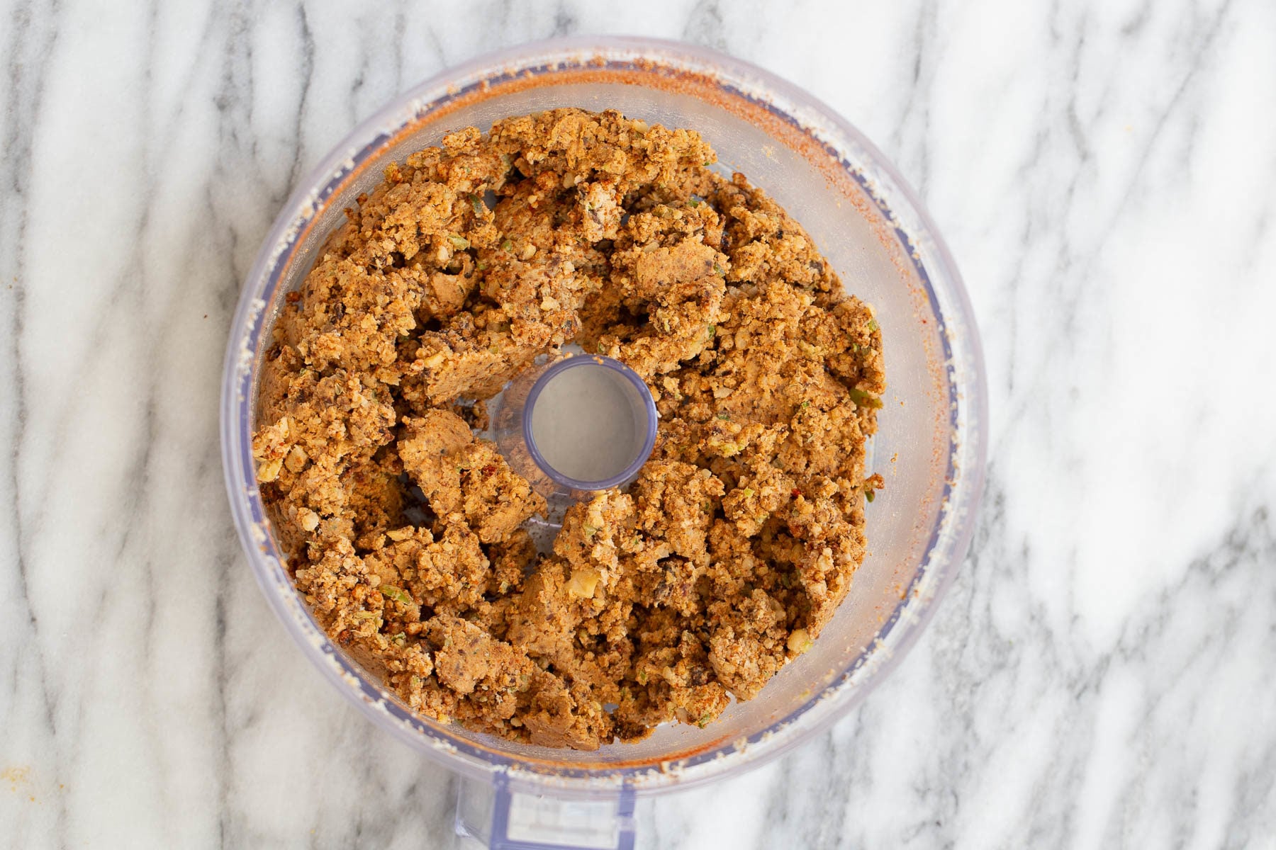 walnut taco meat walnut chickpea taco meat in food processor container ready for vegan quesadilla recipe