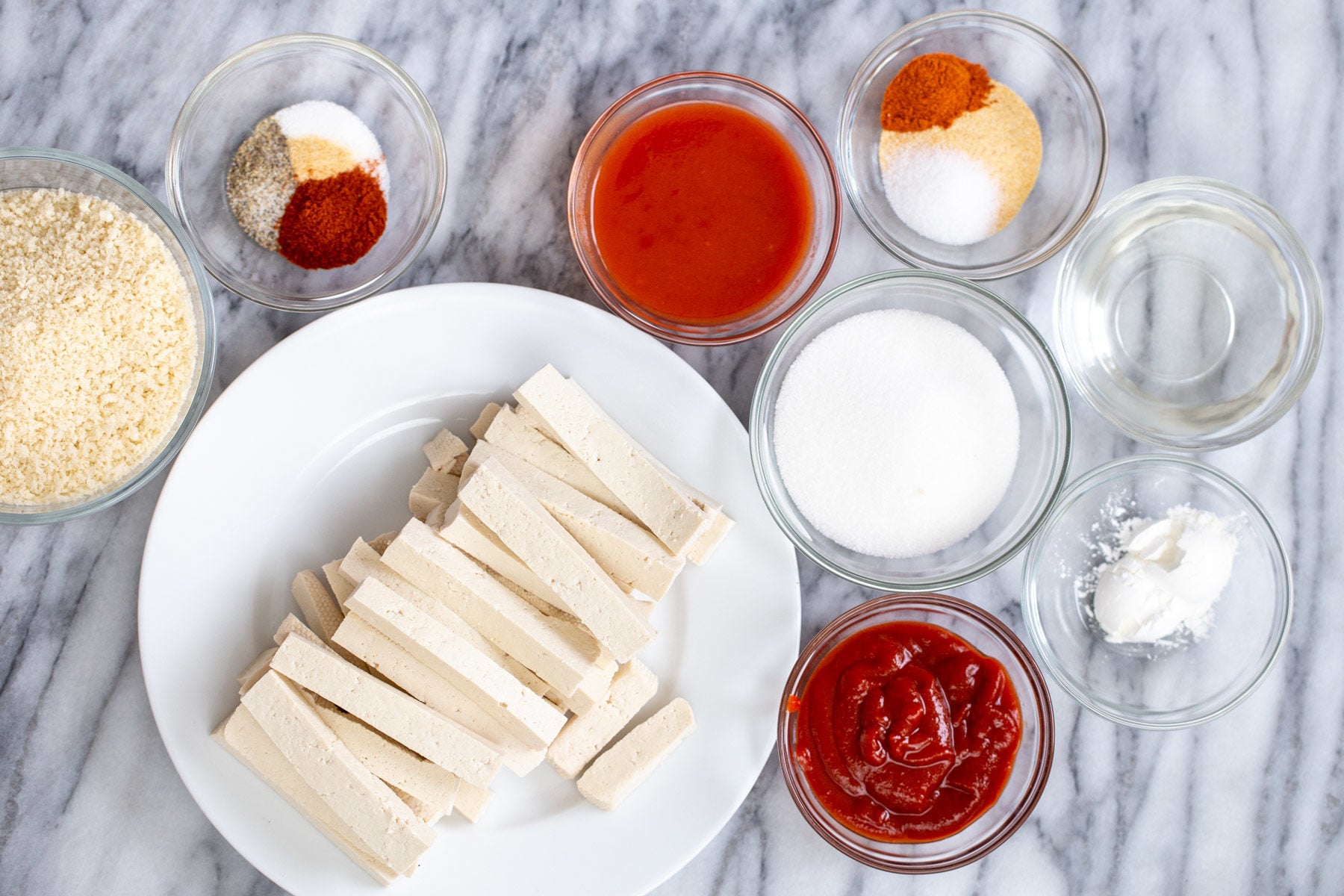 tofu wings overhead shot of ingredients needed for making vegan firecracker tofu