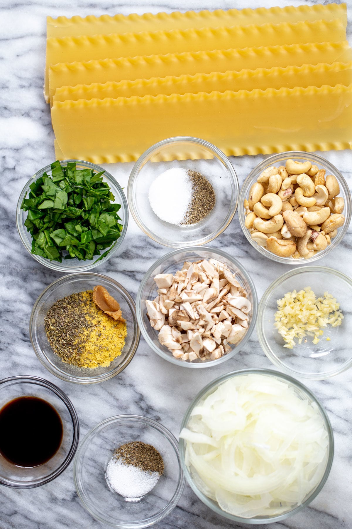 vegan skillet lasagna overhead shot of ingredients needed for making skillet lasagna