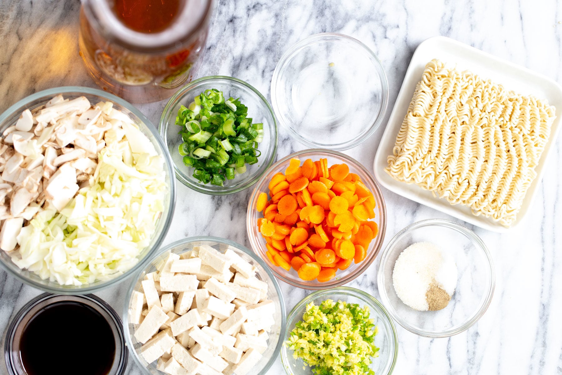 vegan hot and sour soup overhead shot of ingredients needed for making vegan hot and sour soup