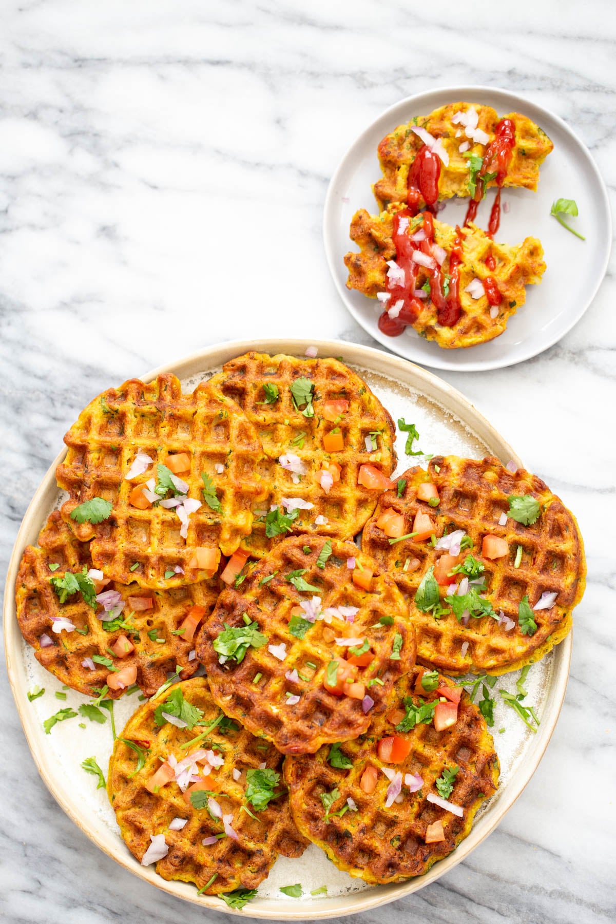 chickpea flour waffles overhead shot of a plate with crispy vegan chickpea flour waffles with vegetables