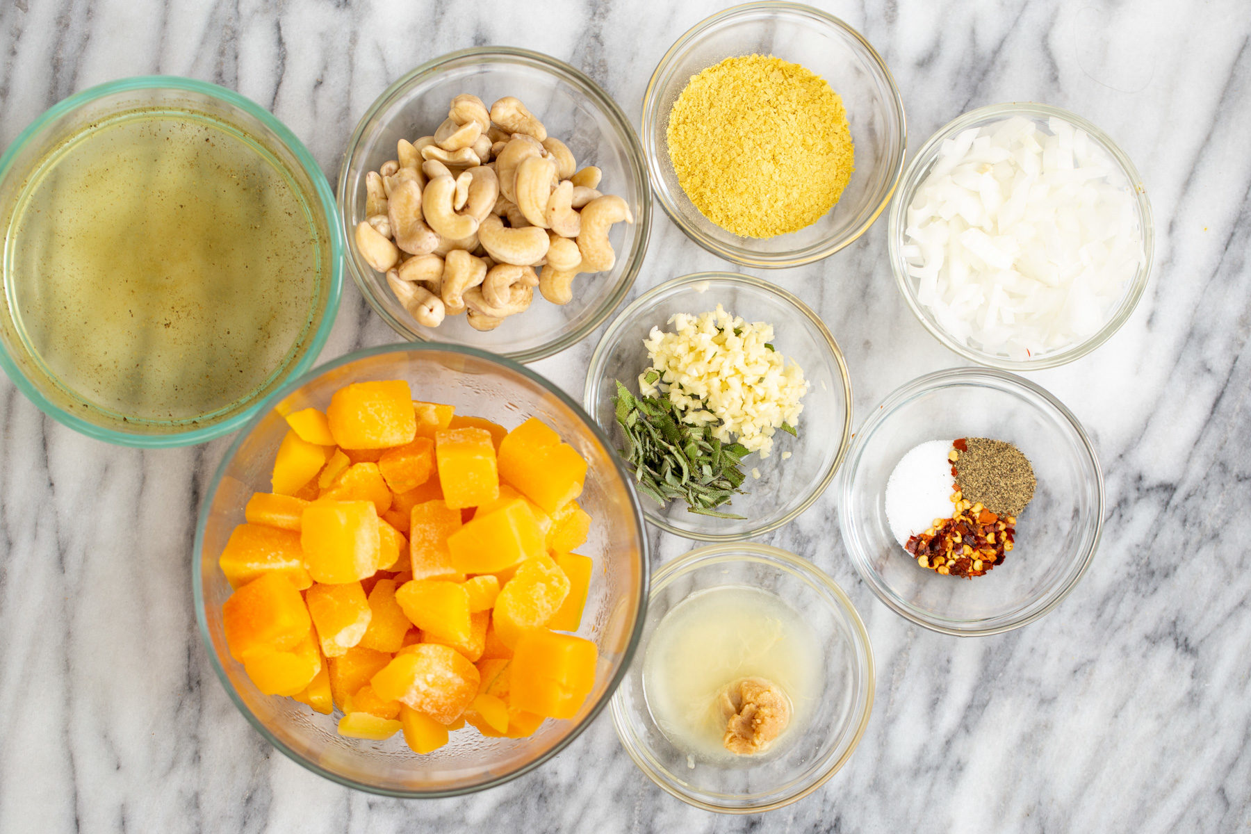 overhead shot of ingredients needed for making vegan butternut squash carbonara sauce