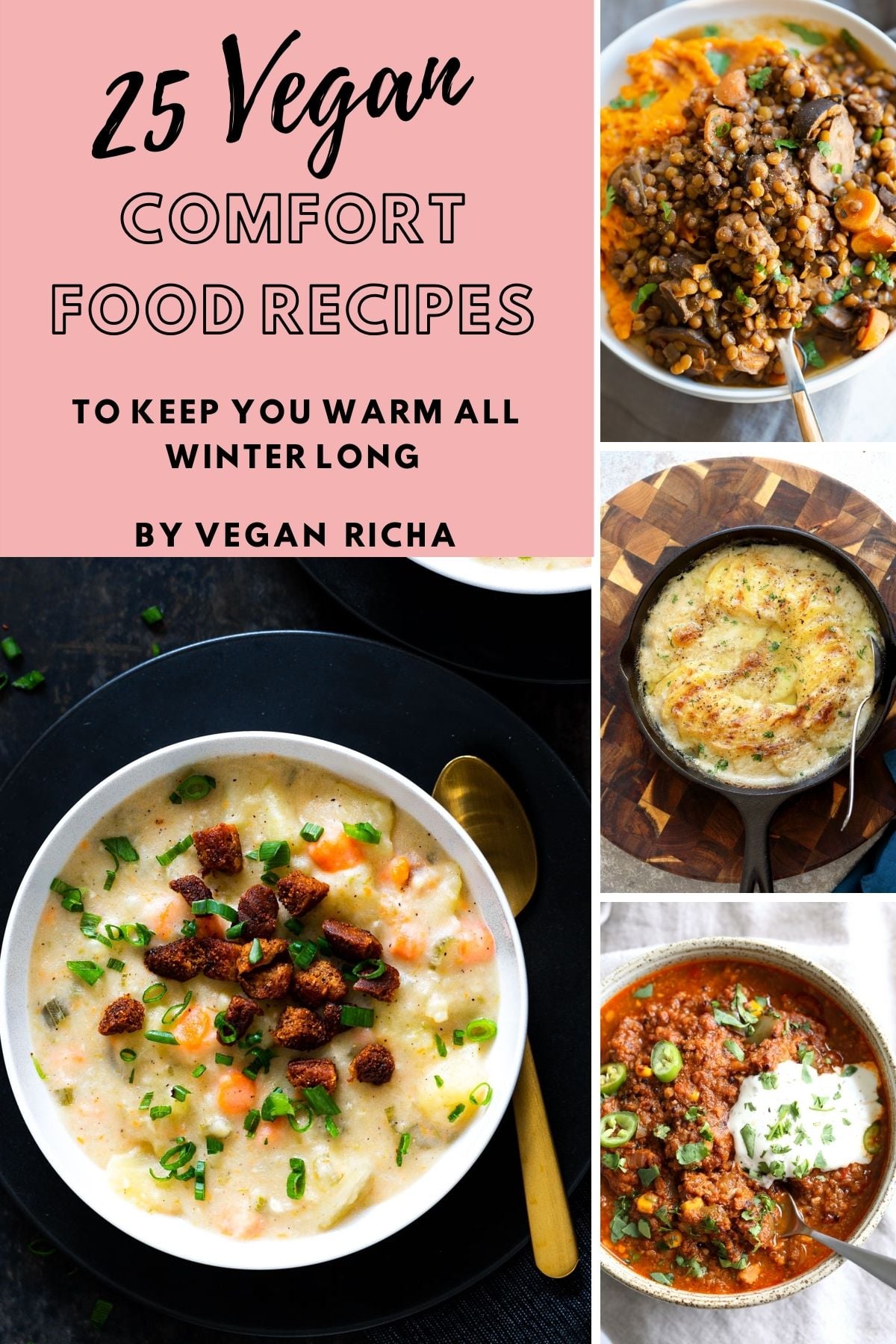 picture collage of easy vegan comfort food recipes for fall and winter