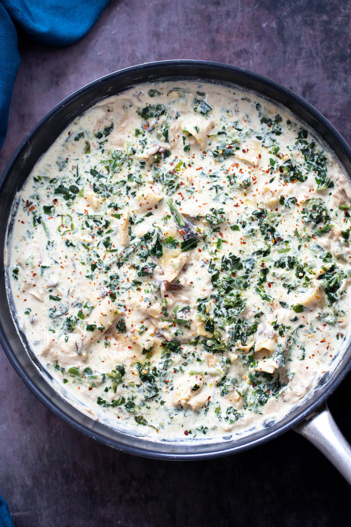 vegan skillet lasagna overhad shot of a vegan alfredo skillet lasagna