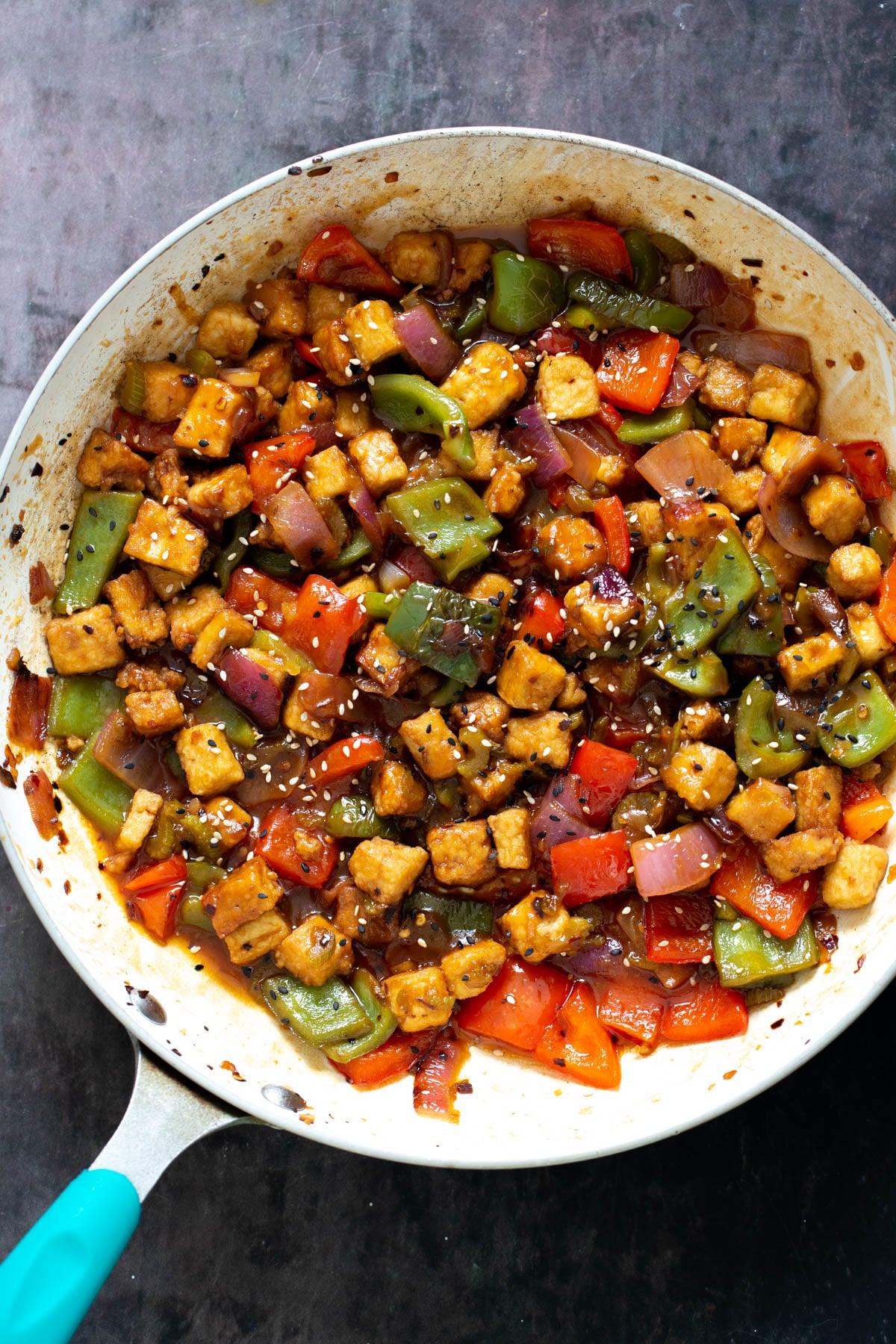 overhead shot of a skillet with sweet and sour tofu