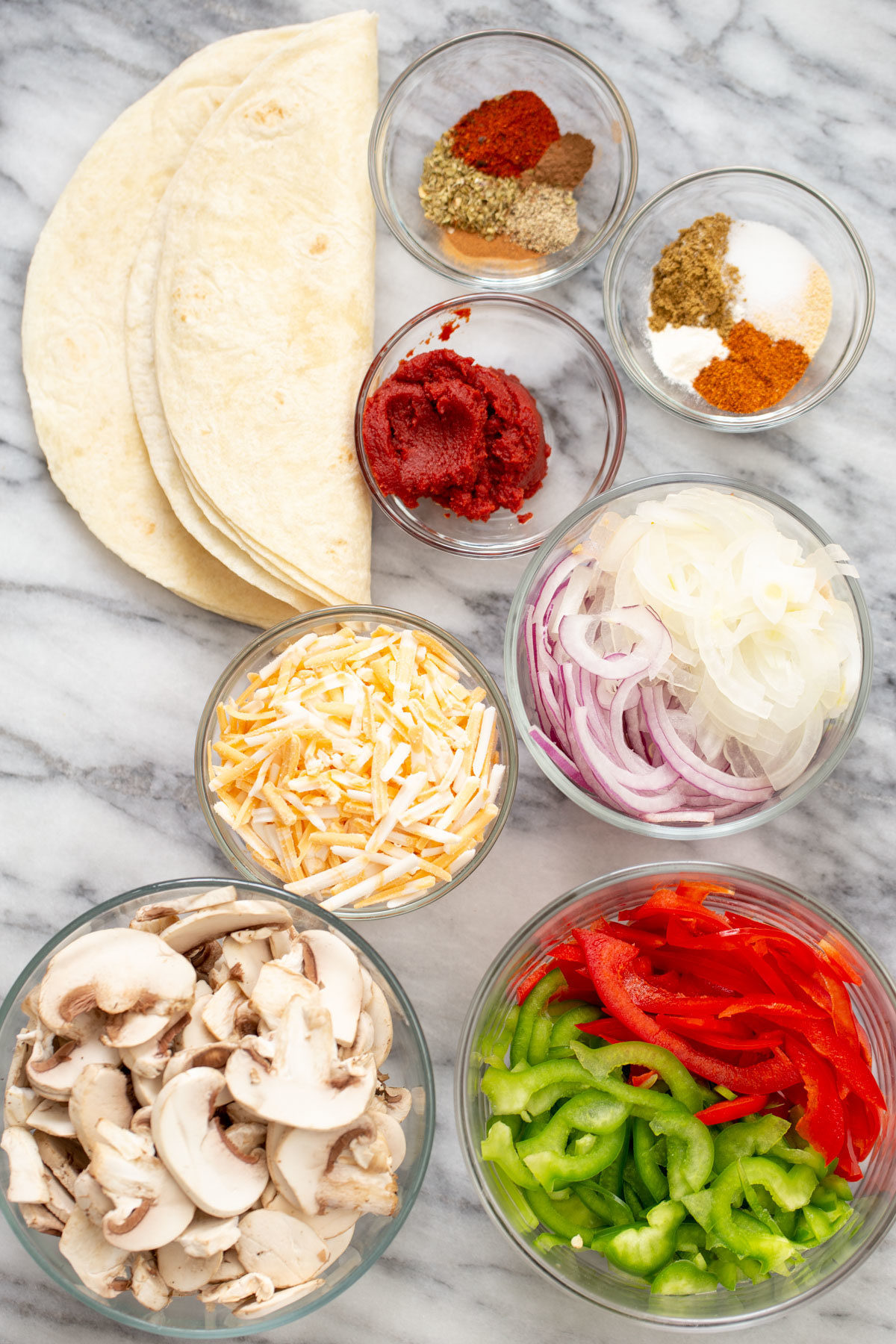 vegan tostadas ingredients needed for making vegan mushroom bell pepper tostada quesadilla