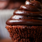 close-up of vegan gluten-free chocolate cupcake without wrapper