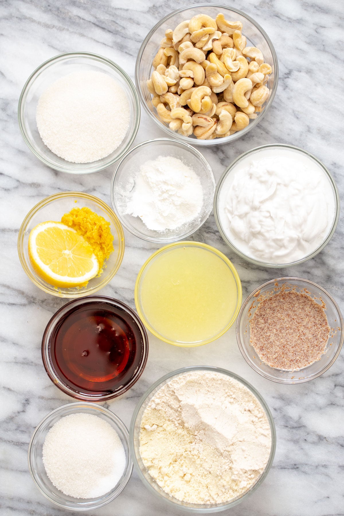 vegan lemon bars ingredients for vegan lemon bars on a marble counter