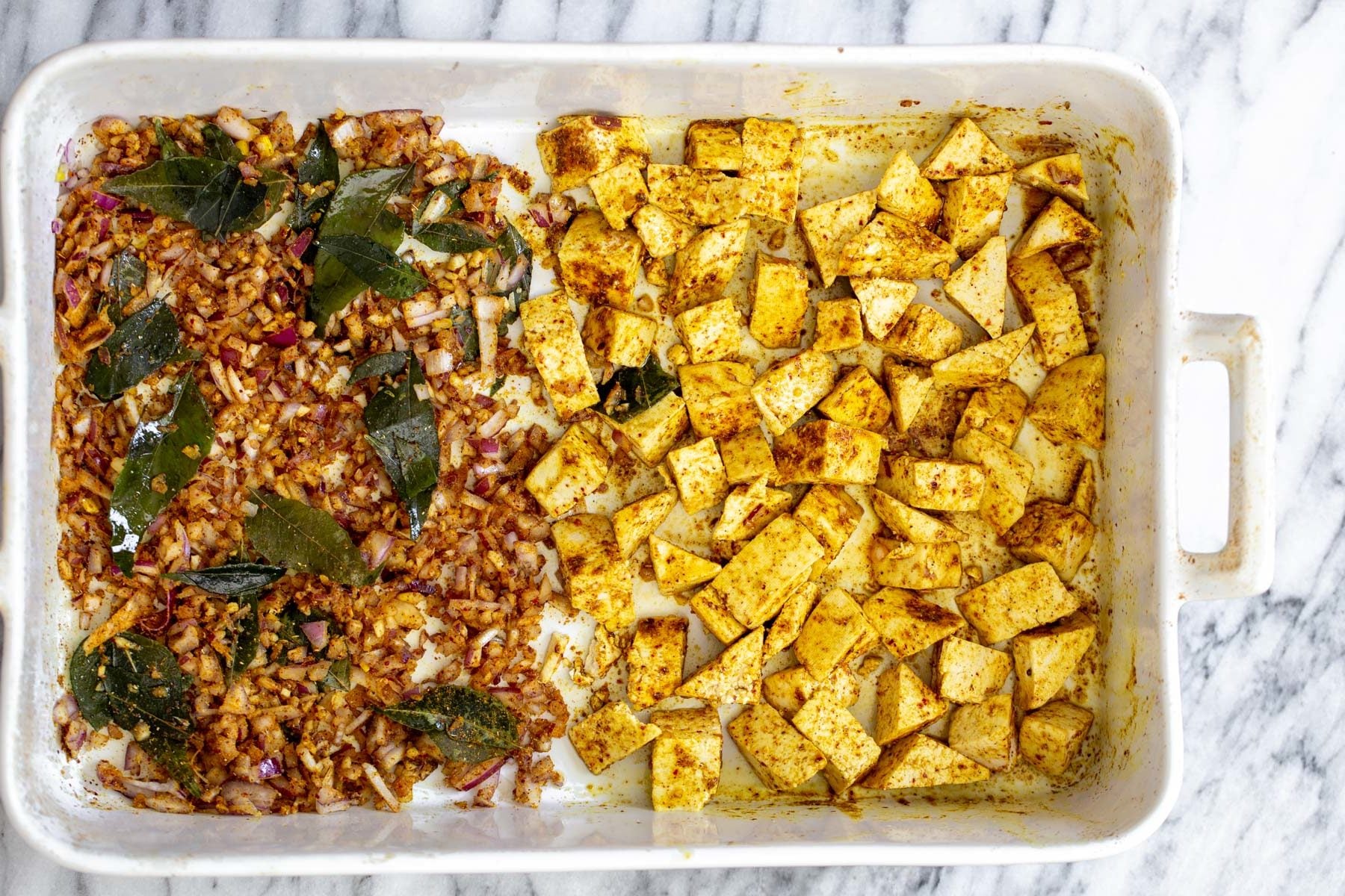 tofu casserole casserole dish with curry spiced baked tofu and onions