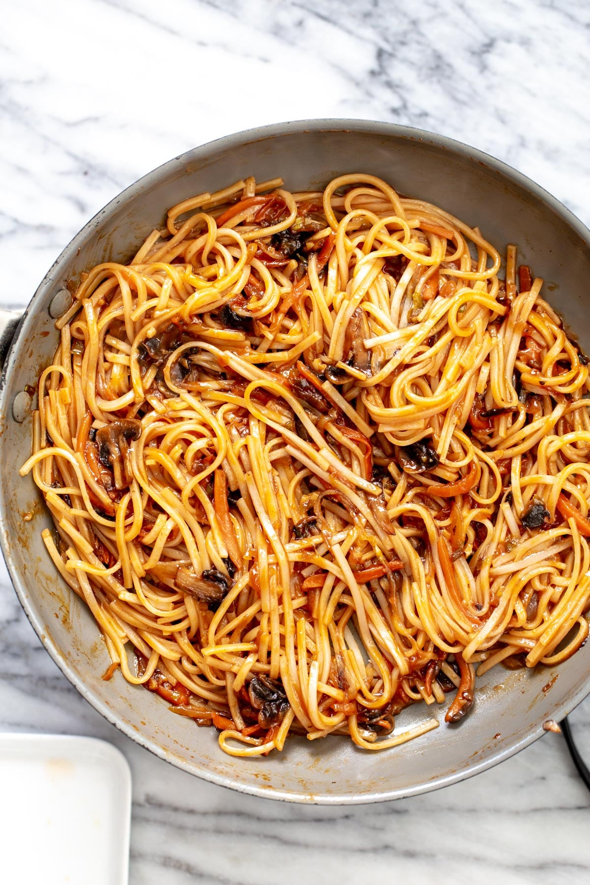 gochujang noodles Vegan Korean gochujang noodles in a saucepan