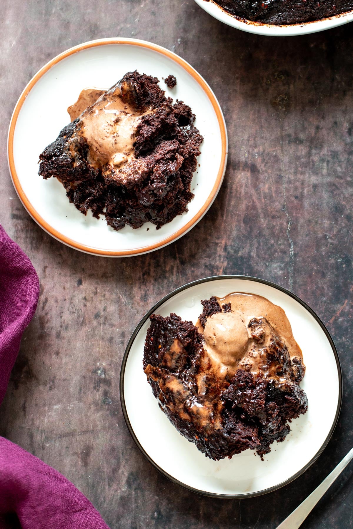 two servings of self saucing black forest chocolate pudding cake