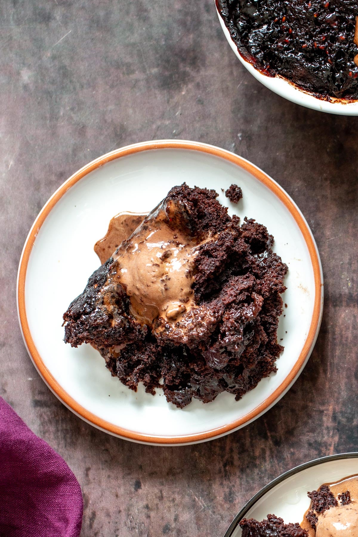 vegan self serving pudding a serving of vegan black forest self saucing pudding with a scoop of ice cream