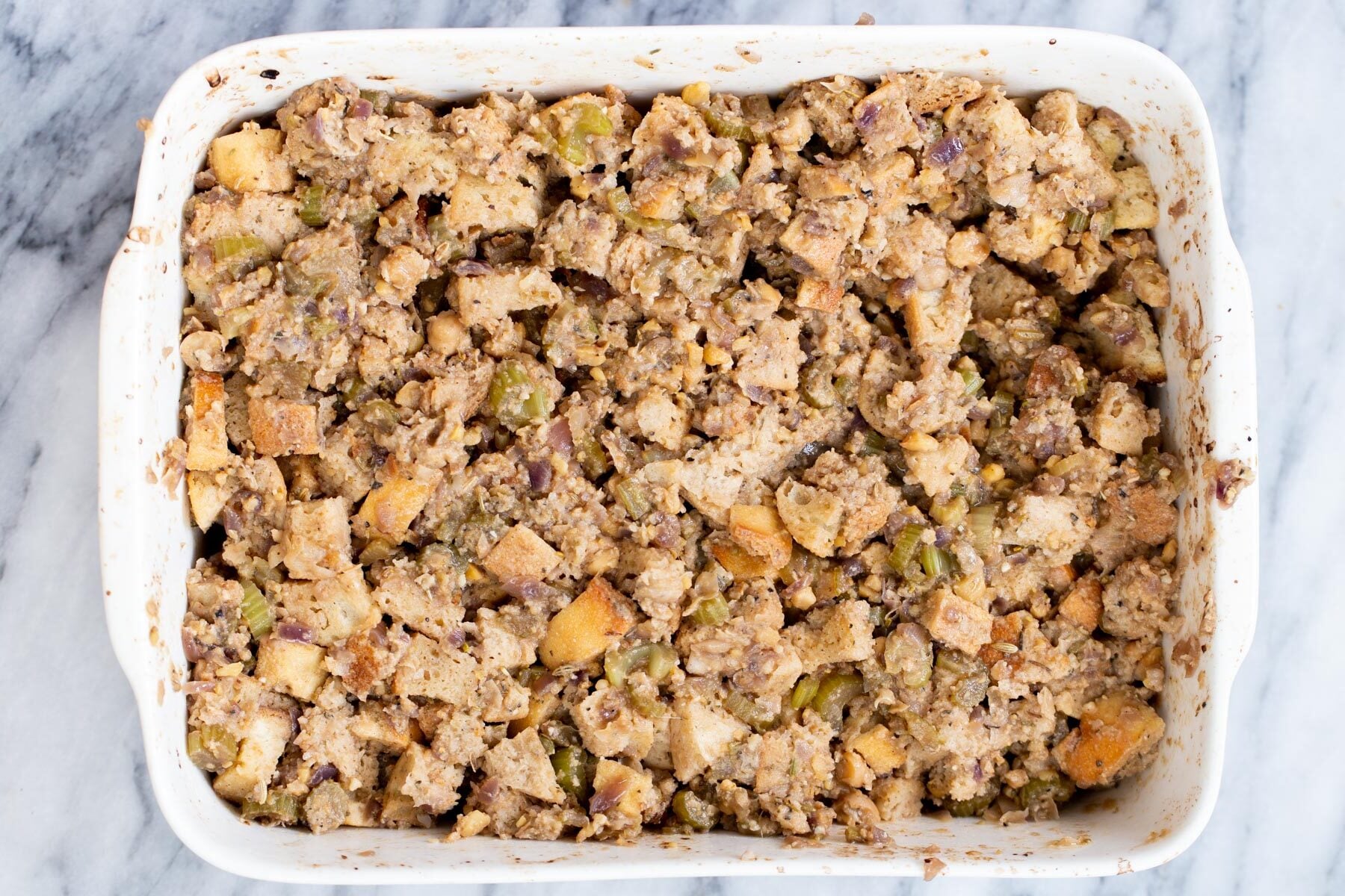 vegan stuffing vegan stuffing in a white casserole dish