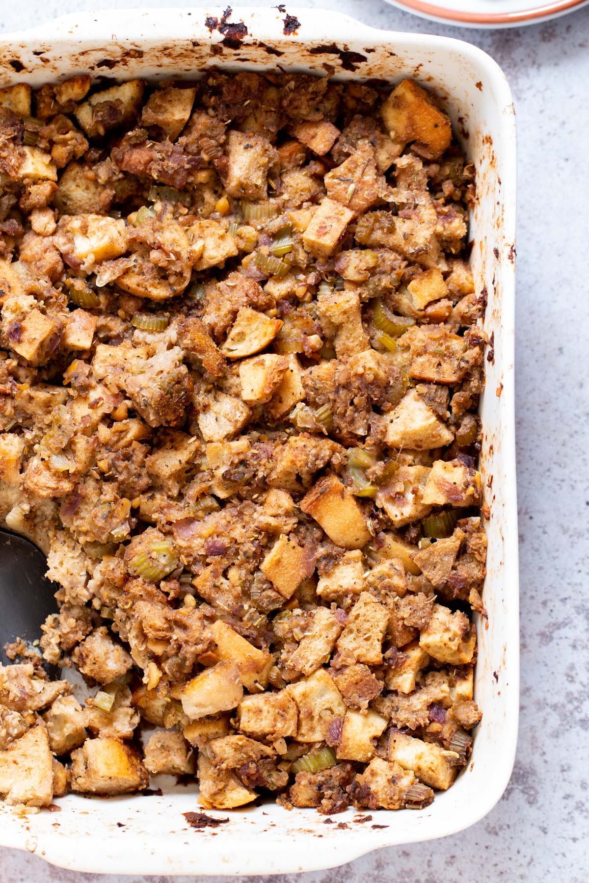 vegan stuffing vegan stuffing in a white casserole dish