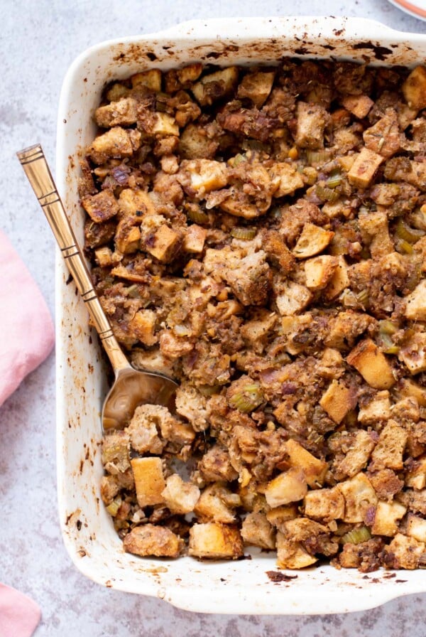 vegan stuffing in a white casserole dish