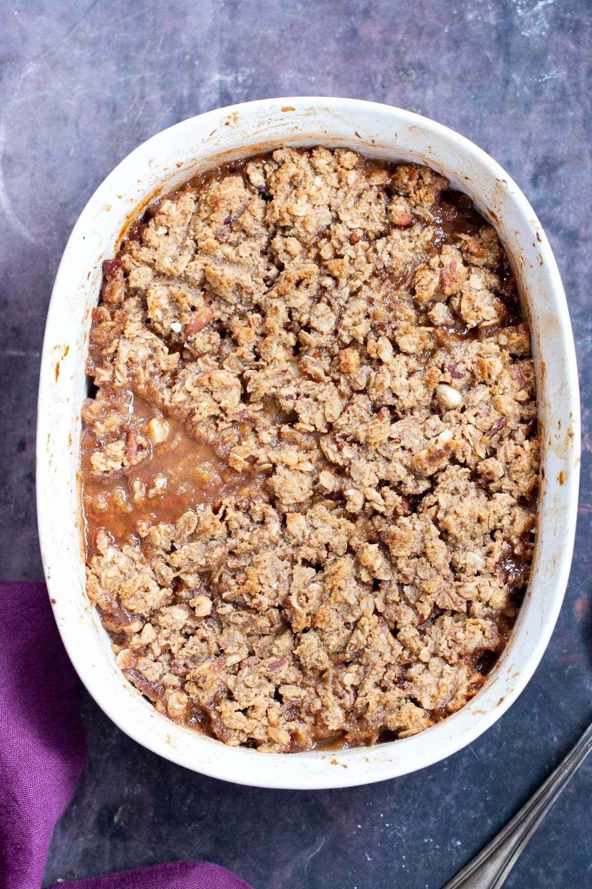 apple pear crisp freshly baked apple pear crisp in a white casserole dish