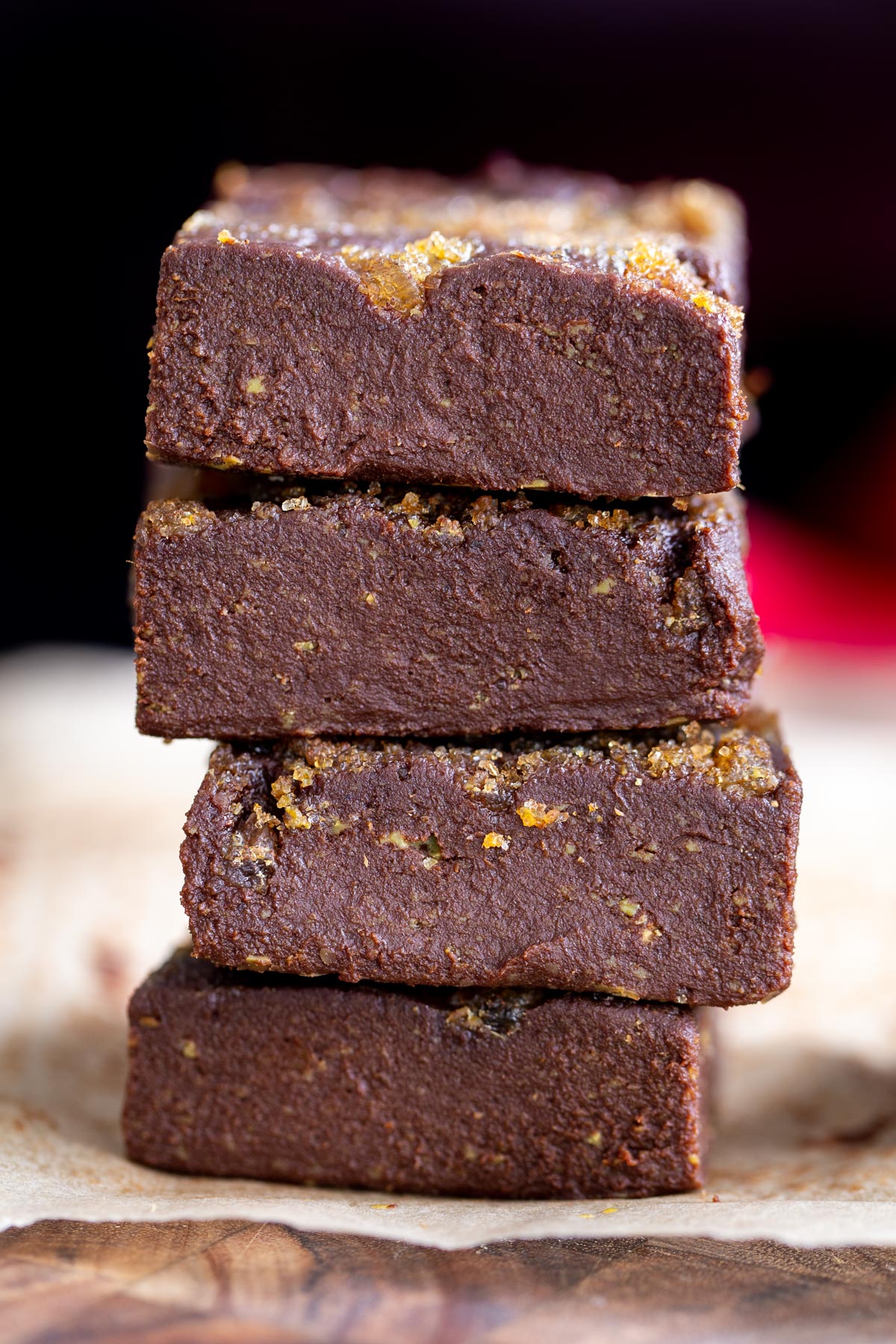 vegan gingerbread fudge a stack of vegan gingerbread fudge topped with crystalized ginger and brown sugar