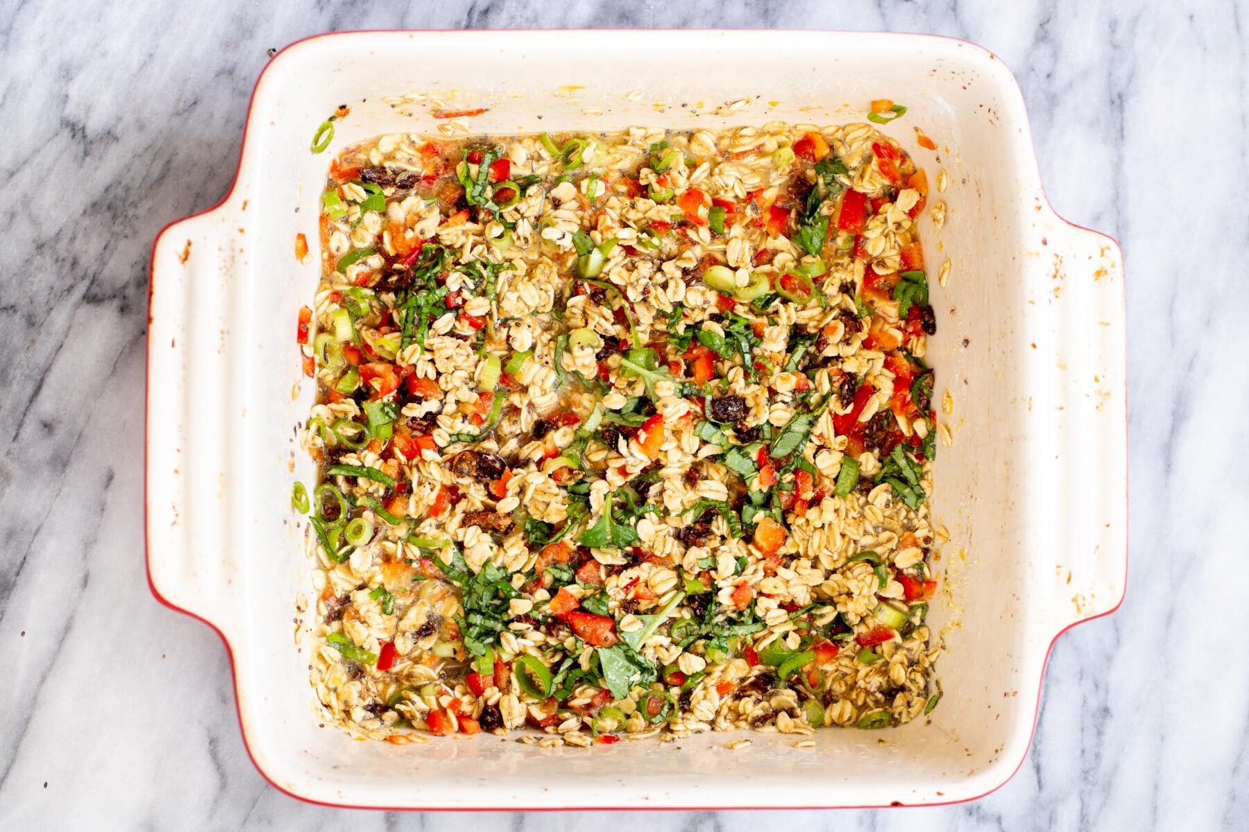savory oatmeal bake overhead shot of savory pizza oatmeal bake