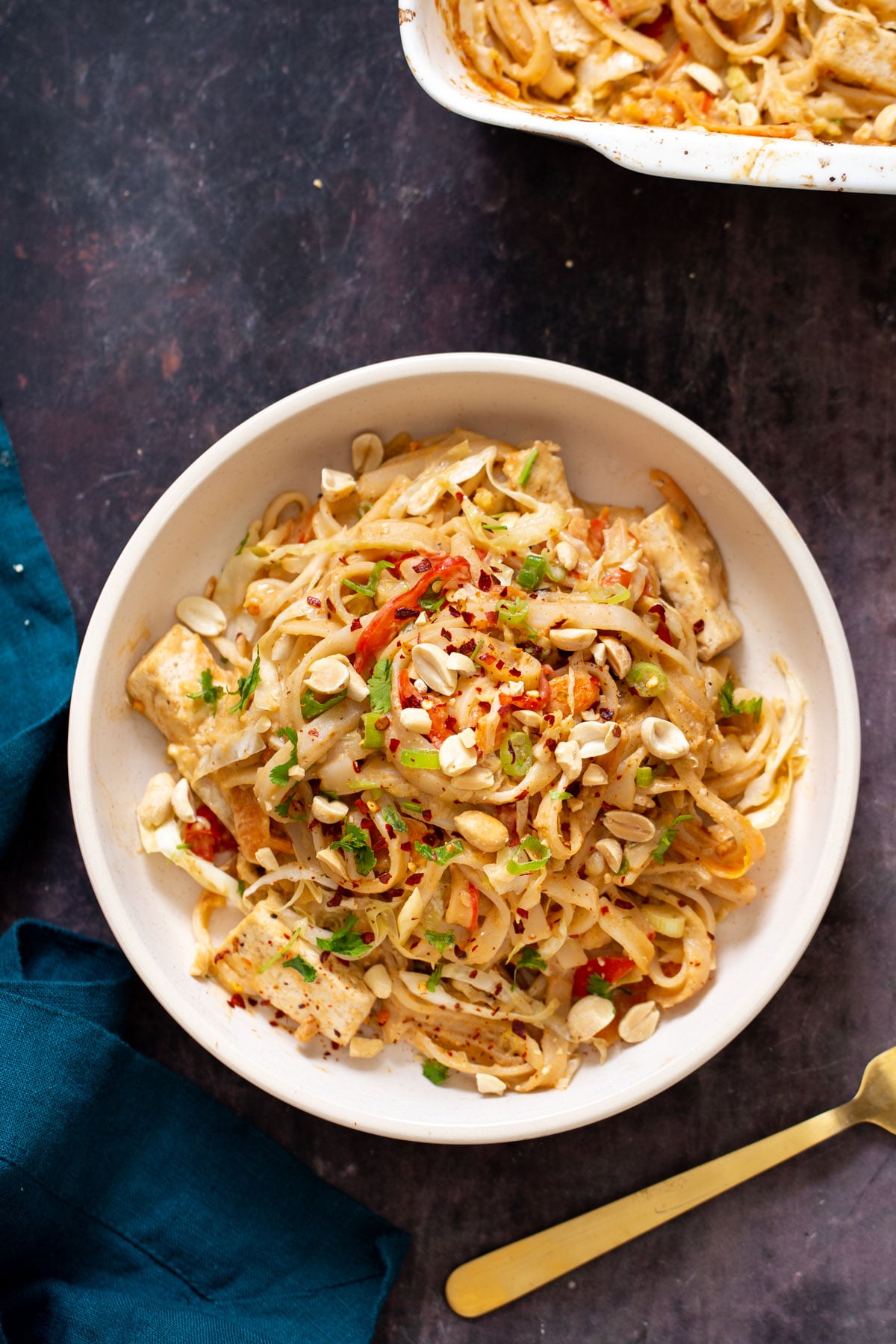 peanut rice noodles a serving of vegan Thai peanut rice noodles casserole