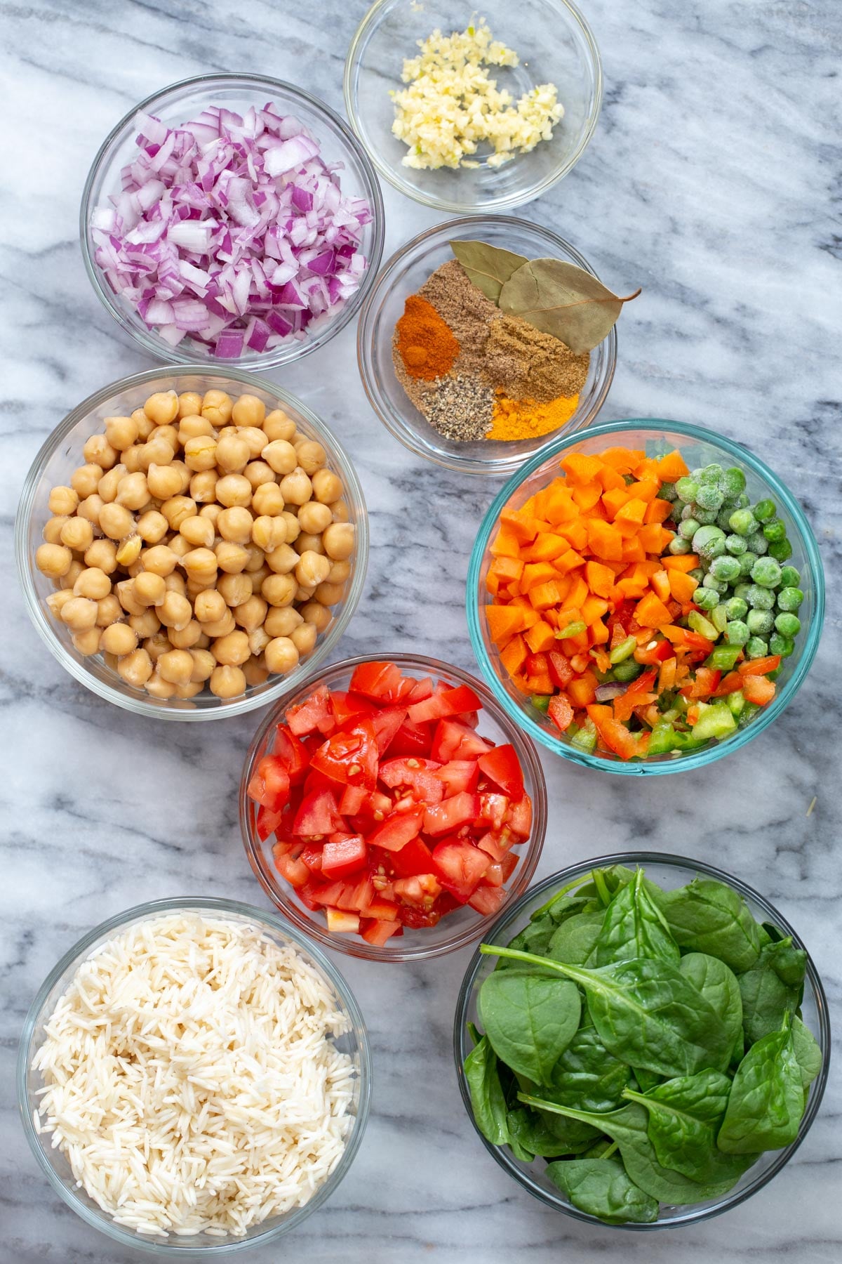 ingredients needed for making vegan chickpea rice pulao