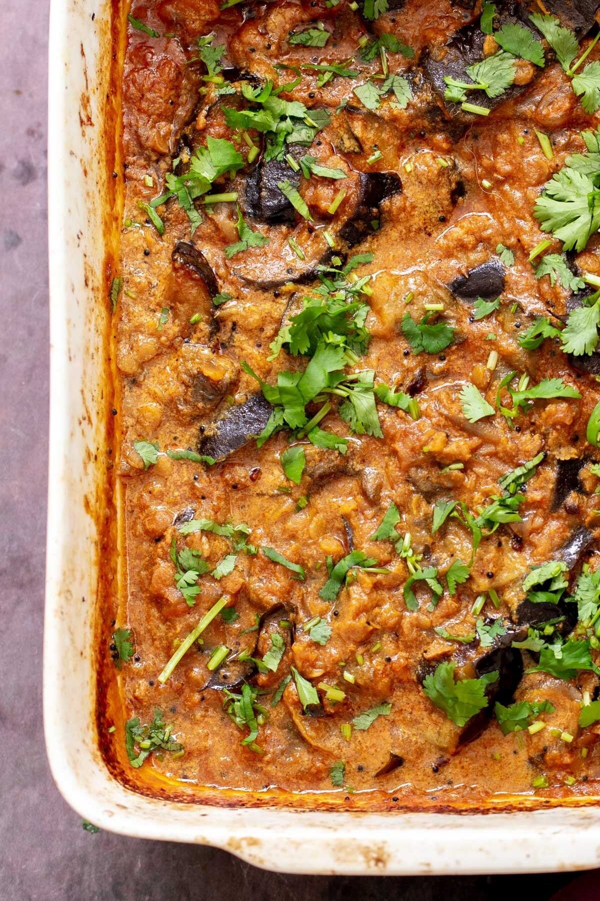 vegan aubergine curry casserole with coconut milk gravy