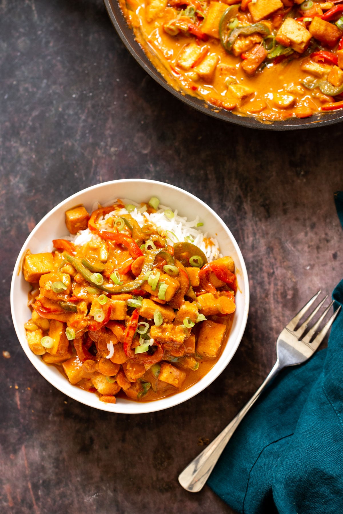 gochujang tofu gochujang tofy stir-fry in peanut sauce served over rice