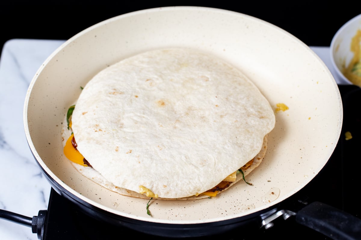 vegan quesadilla in a white pan 