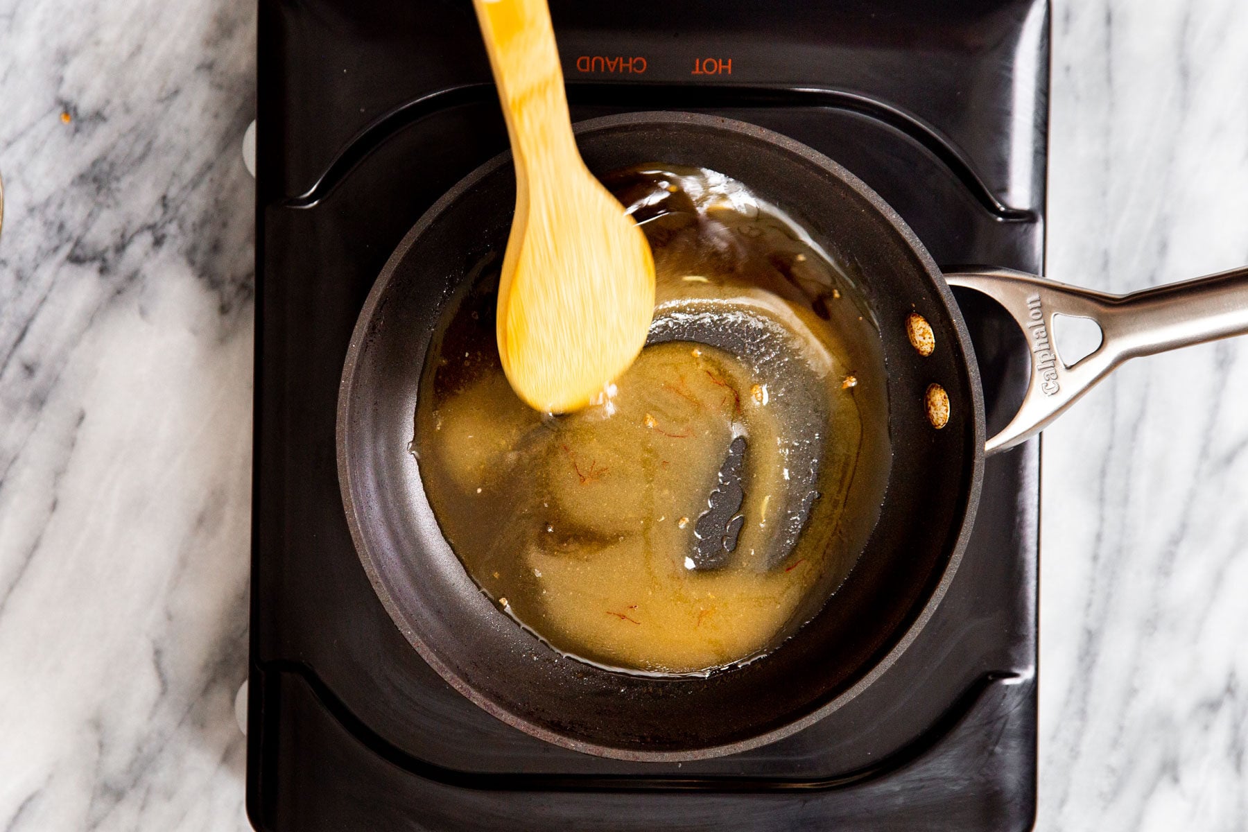 sugar syrup on a sauteeing pan