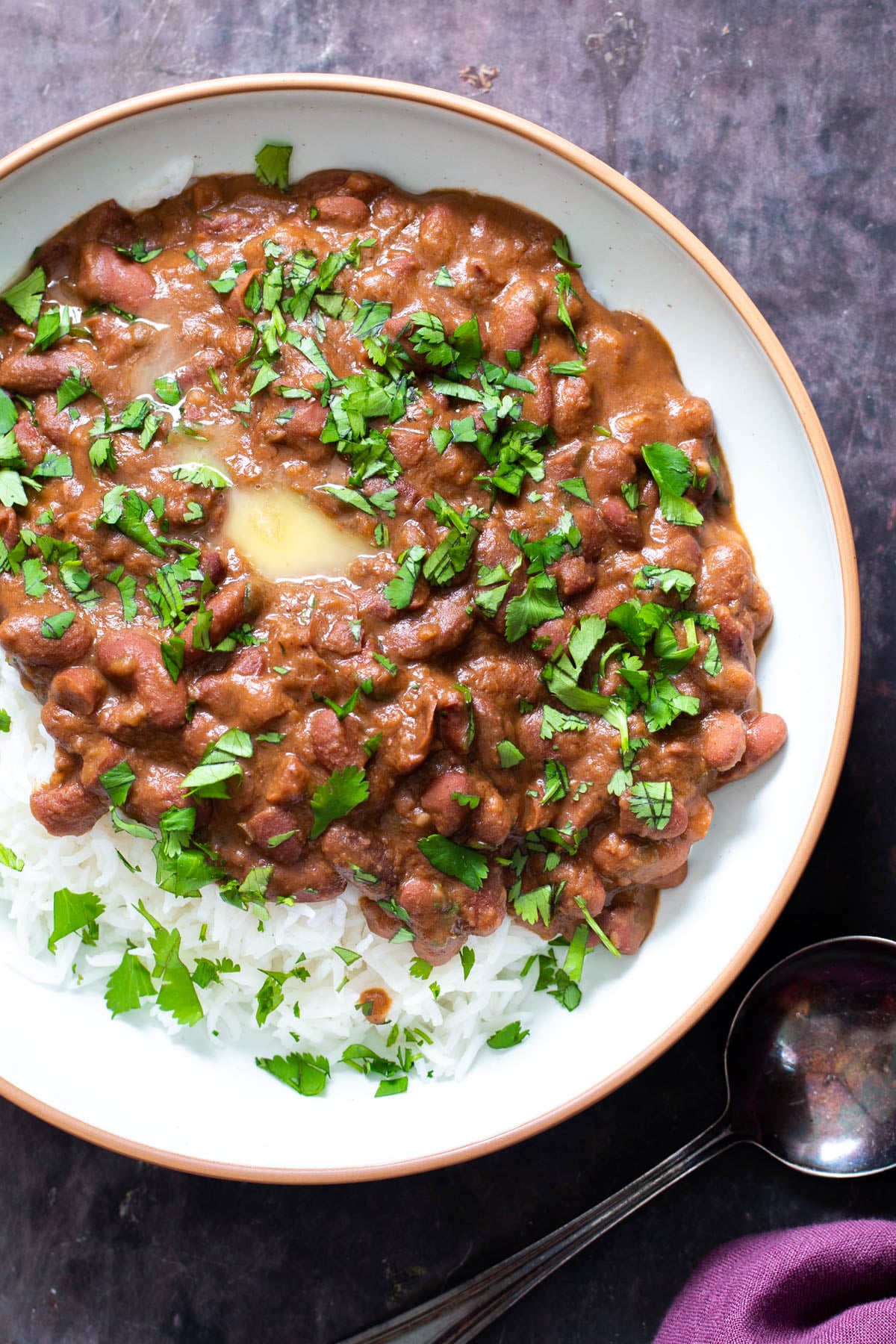 Indian Kidney Bean Curry Indian Dhaba Wale Rajma served with rice sprinkled with cilantro