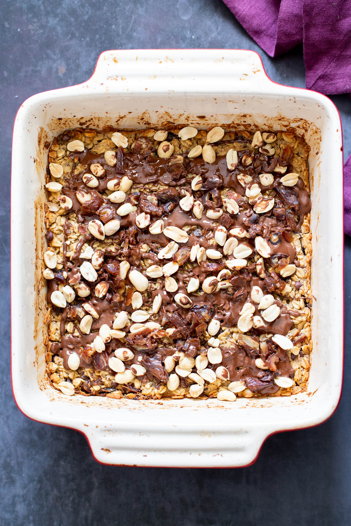 snickers baked oatmeal a casserole dish with vegan snickers baked oatmeal