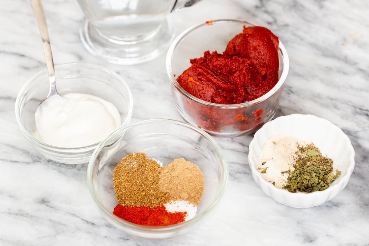 ingredients for vegan birria on marble countertop