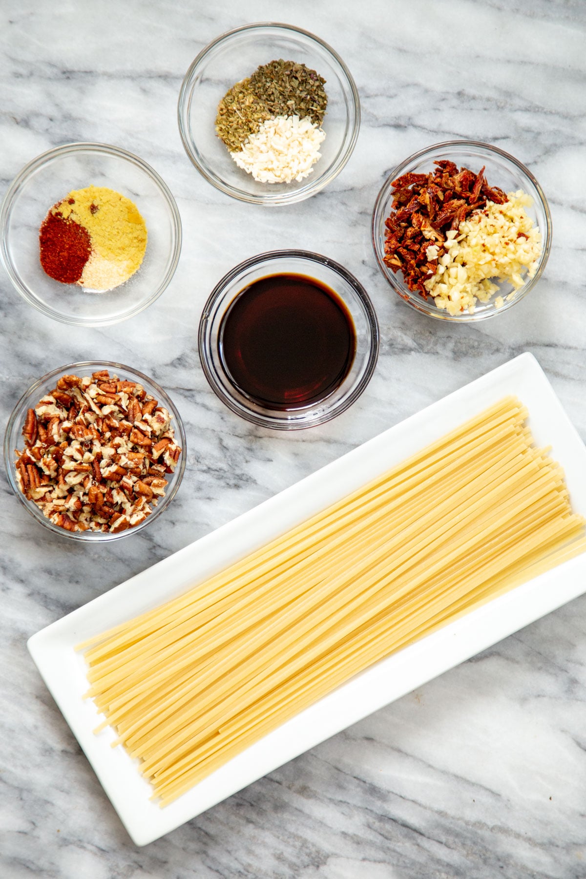ingredients needed for making vegan chili garlic oil pasta