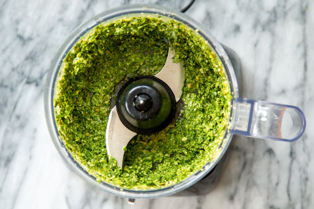 homemade basil pesto in a food processor