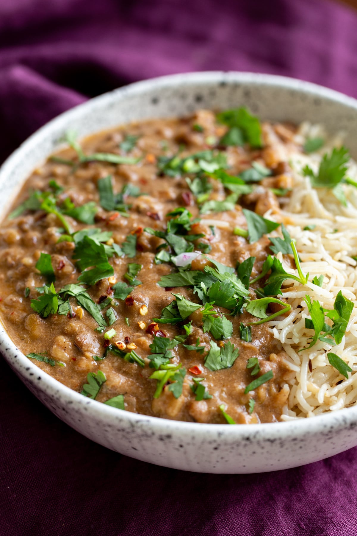 a serving of sabut moong bean dal served with rice sprinkled with chopped cilantro 