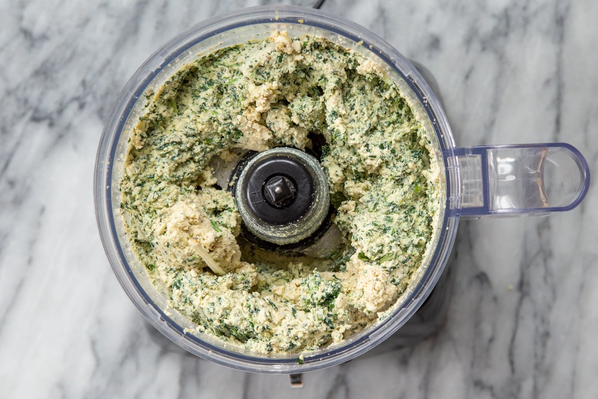 vegan spinach ricotta pasta filling in a food processor container 