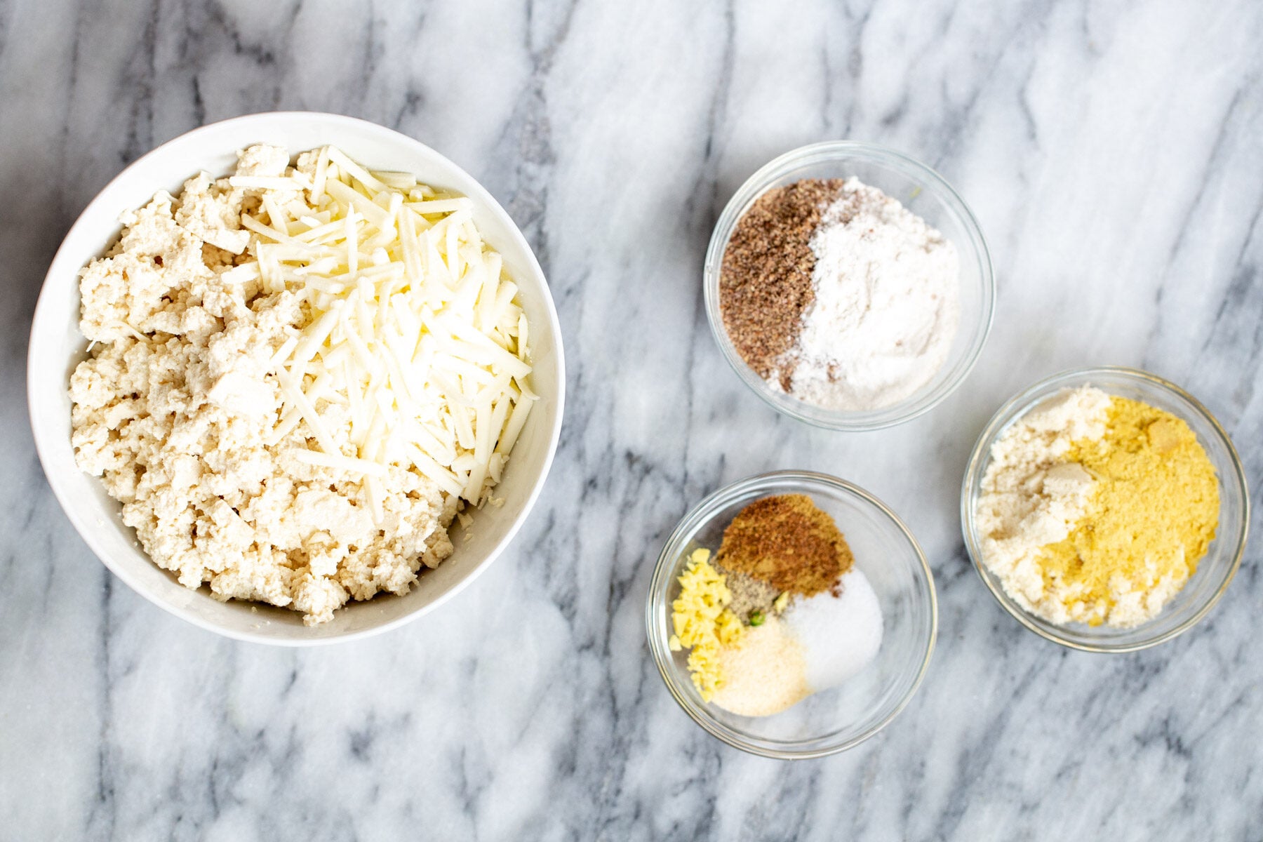 ingredients for tofu kofta on a marble countertop