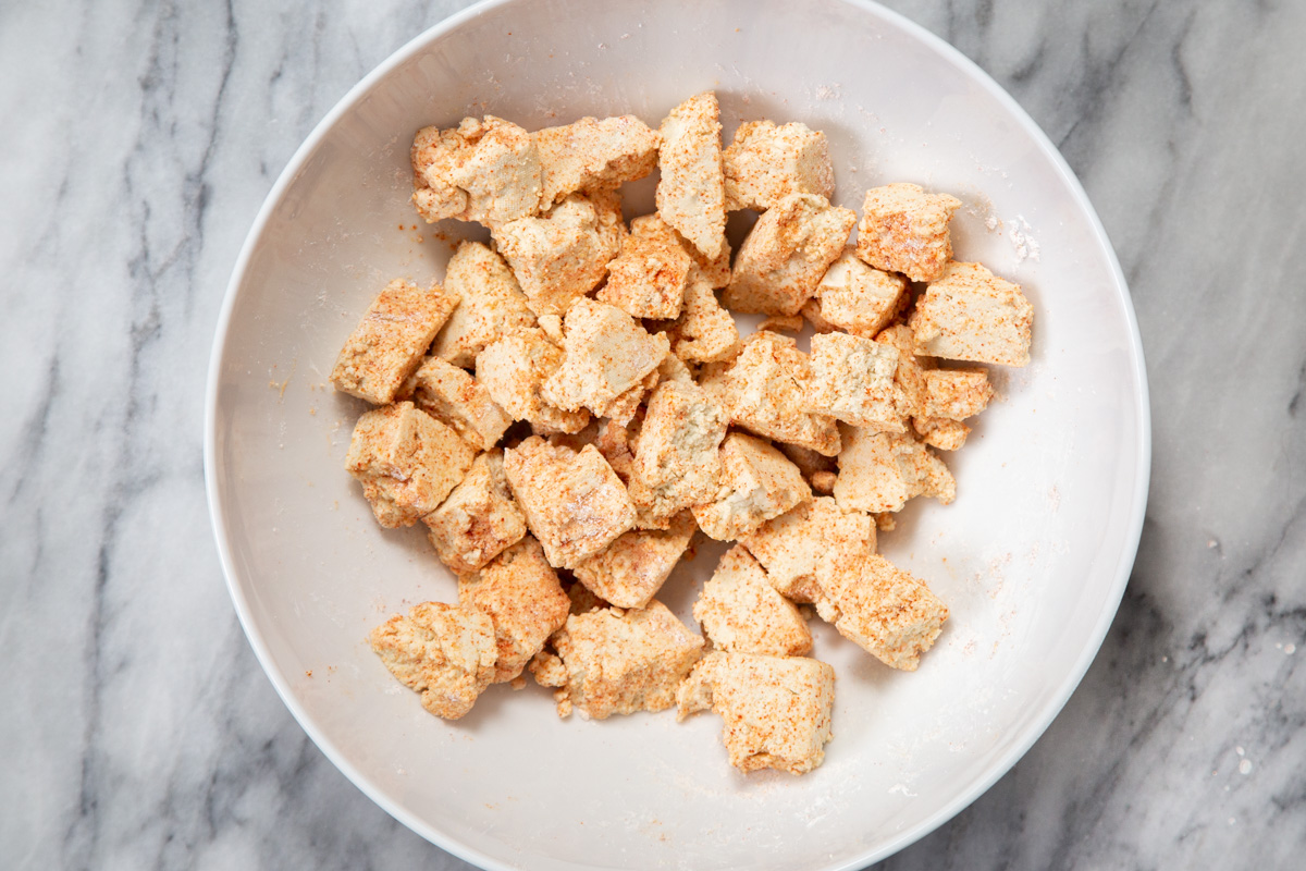 seasoned tofu chunks ready for baking