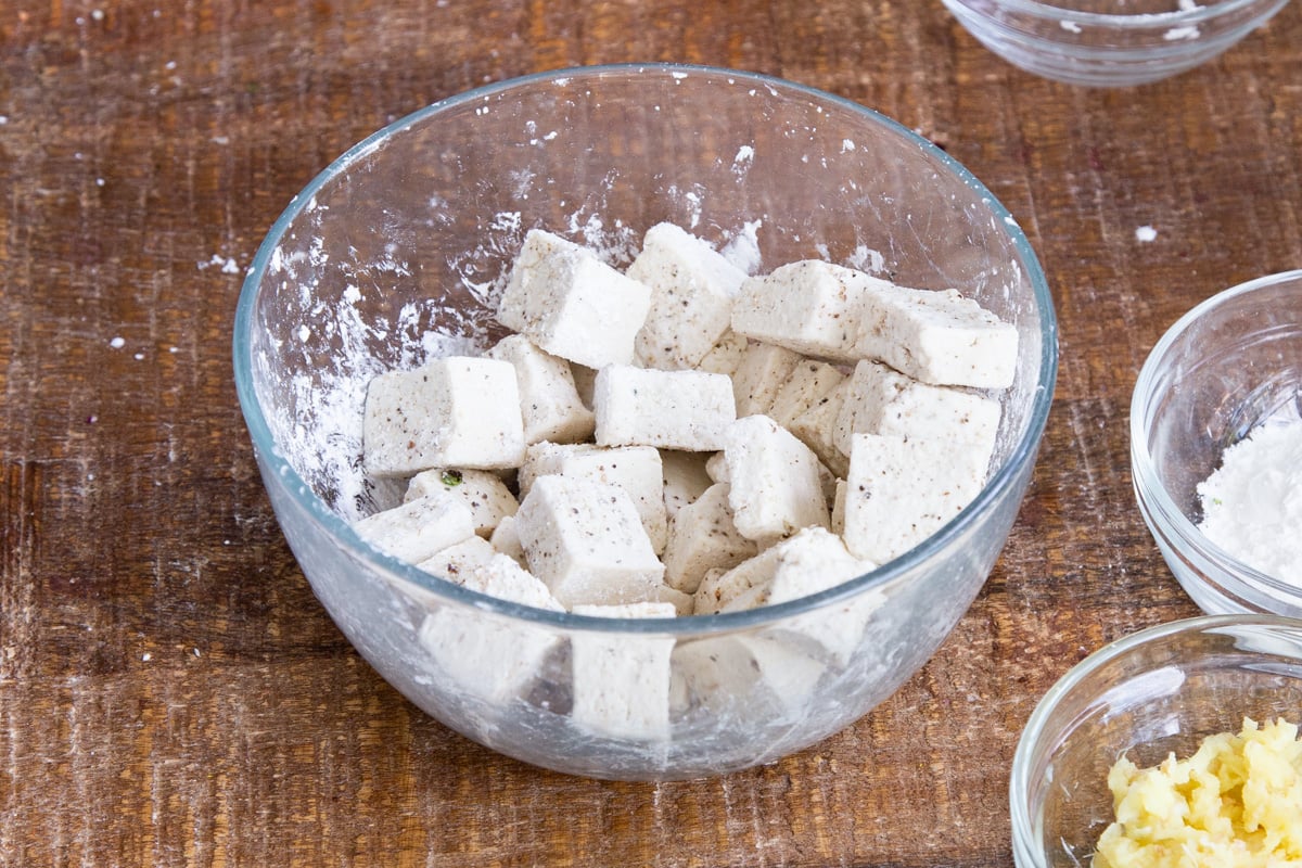 tofu cubes in a small bowl