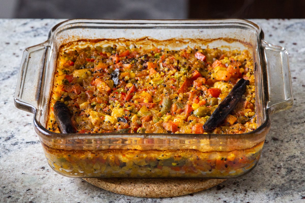 sambar baked in a glass casserole dish