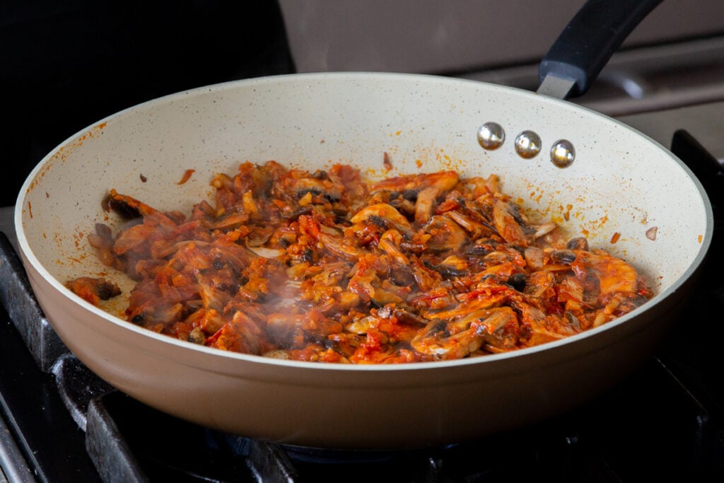 mushroom-harissa mixture in the pan, after cooking down