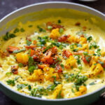 side photo of vegan kadhi pasta with veggies, so you can see the texture of the veggies