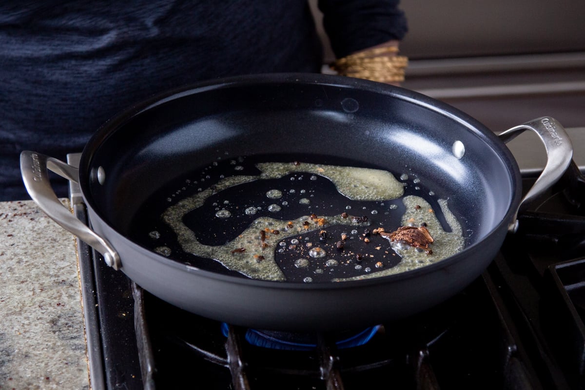 vegan butter and spices in the pan before cooking