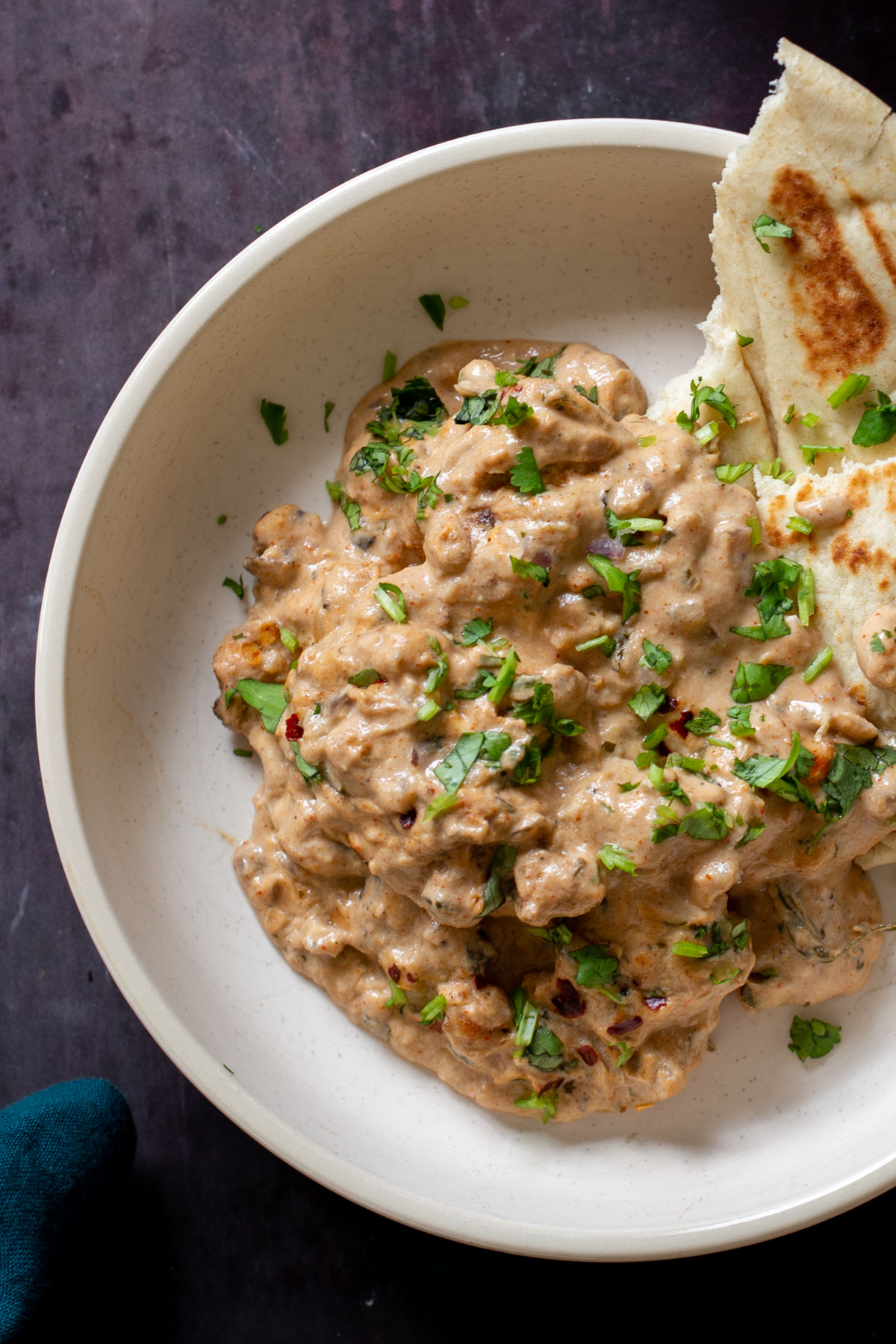 vegan kasuri malai murg plated with naan