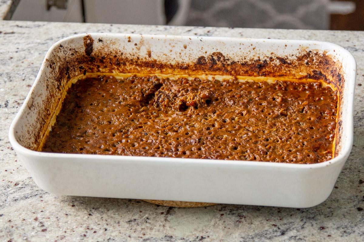 keema lentils in the baking pan after baking