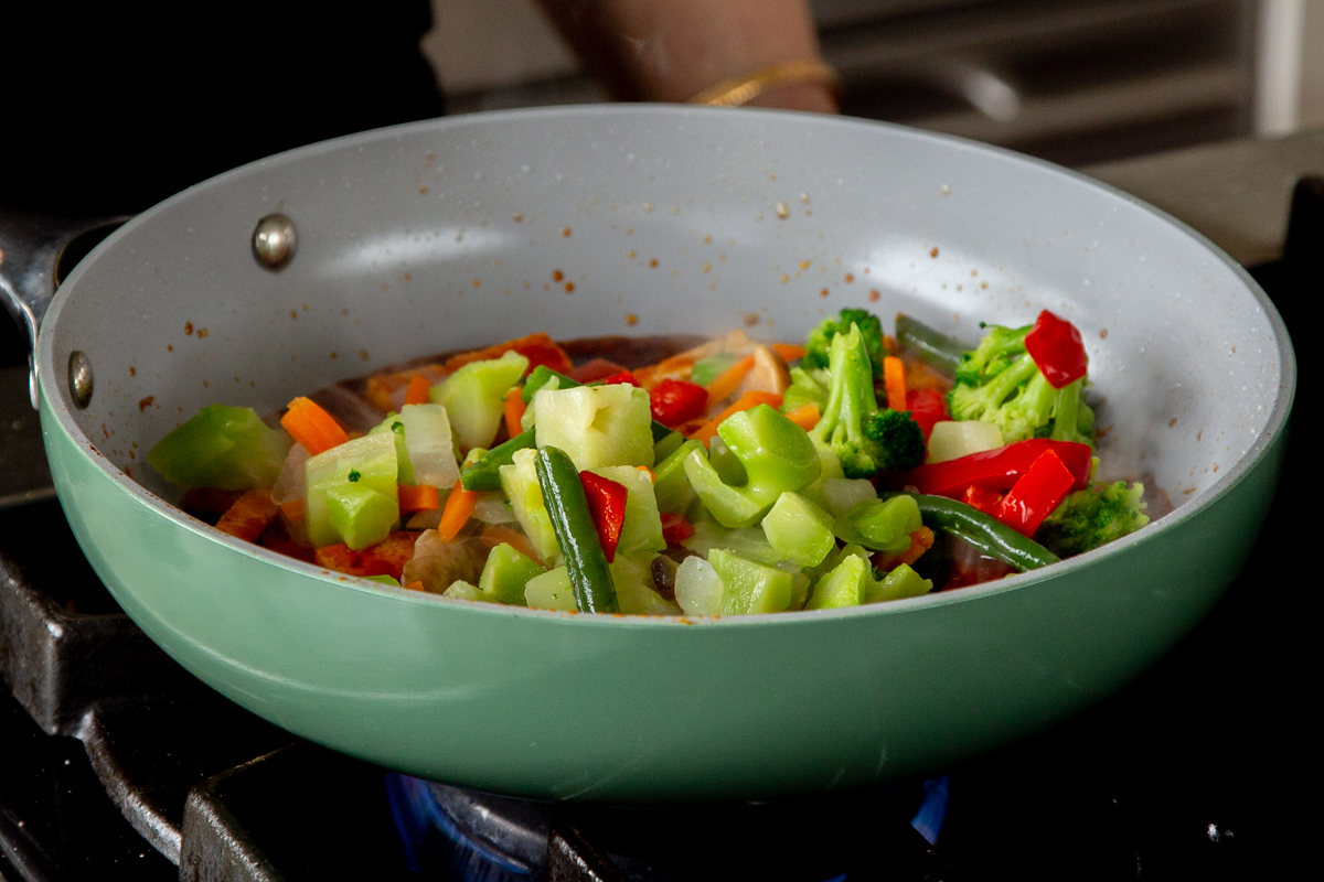 stir fry veggies added to the pan with the tofu, before cooking