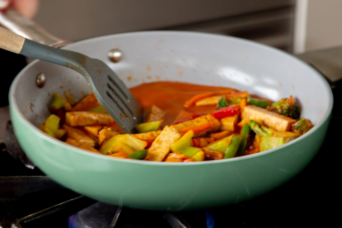 stir fry veggies added to the pan with the tofu, after cooking and adding the cornstarch-water mix
