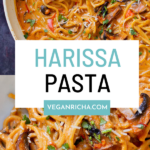 image collage of harissa pasta images with a text overlay