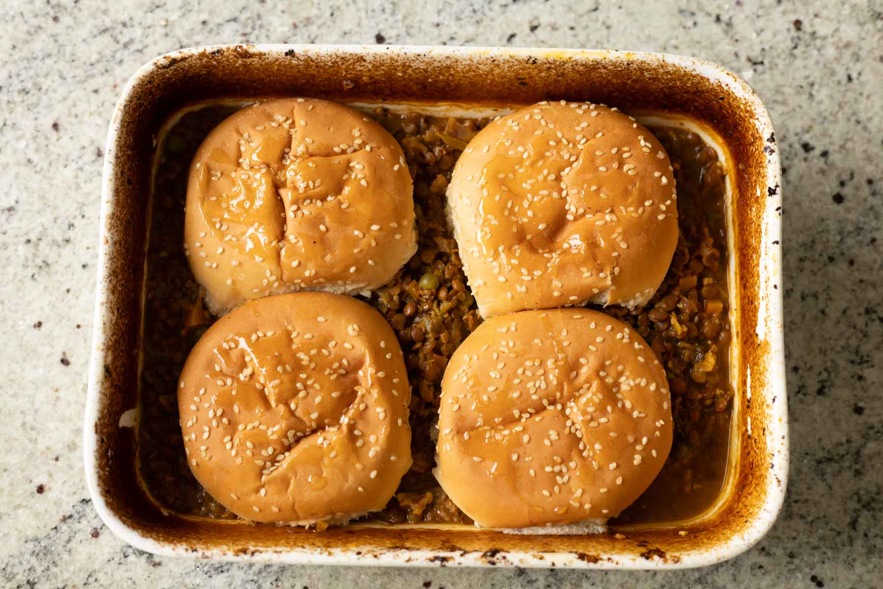 keema lentil casserole in the baking pan before baking