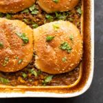 close-up of keema lentil casserole in the baking pan after baking